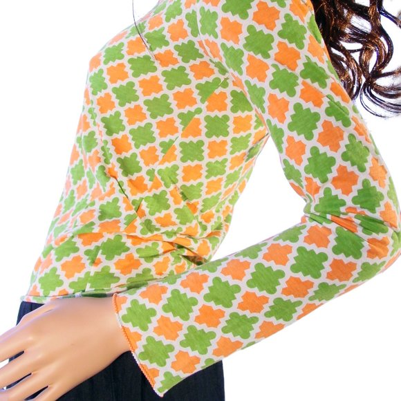 TORY BURCH Green and Orange Logo Scoop Neck Long Sleeve Tissue Tee Top M - Picture 4 of 9